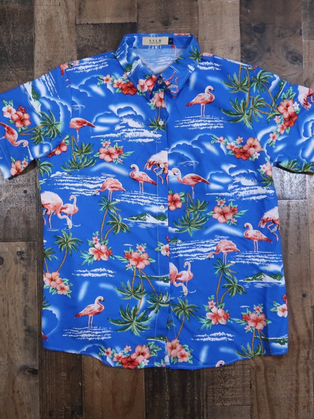 SSLR Women's Collection Large Blue Hawaiian Shirt Flamingo Tropical Collared
